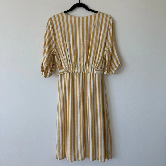 Lily Black Yellow White Striped Button Down Lined Linen Blend Midi Dress Small - Picture 8 of 11